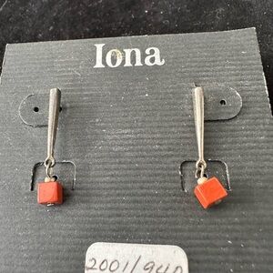 Vintage Geometric Dangle Earrings with Red Cube Charm